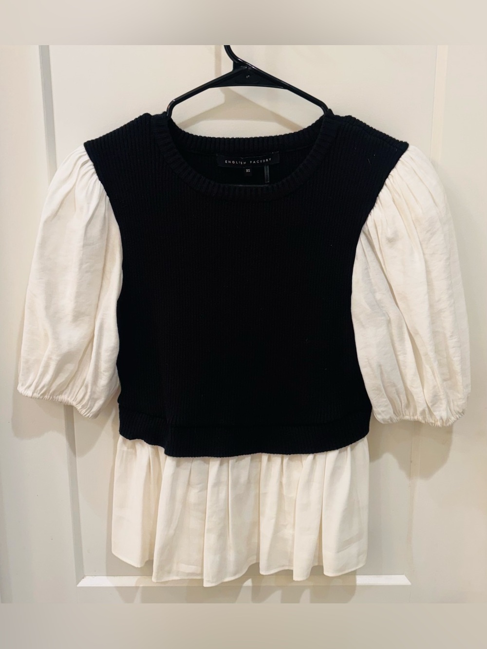 English Factory Black Vest Over White Puff-Sleeve Peplum Blouse (all one piece)